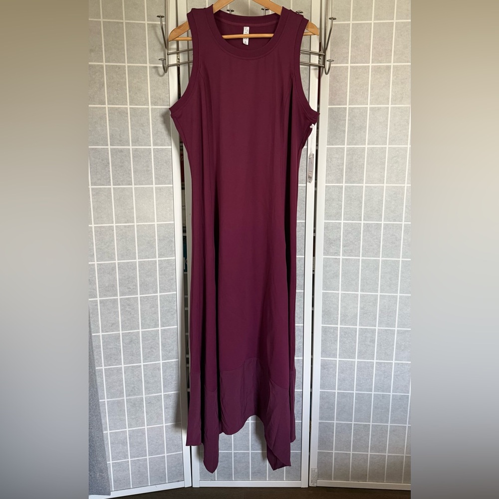 STYLUS Sleeveless  Asymmetrical Flare Hem Athleisure Maxi Dress, Plum, X-Large.